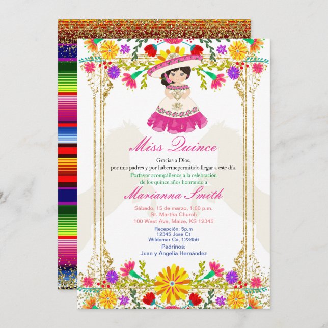 Rosa Colorful Mexican Blommigt Quinceañera  Inbjudningar (Fram/baksida)