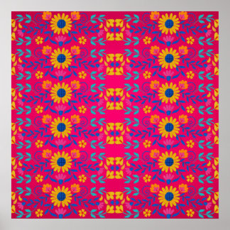 Rosa Colorful Mexican FolArt blommönster Poster