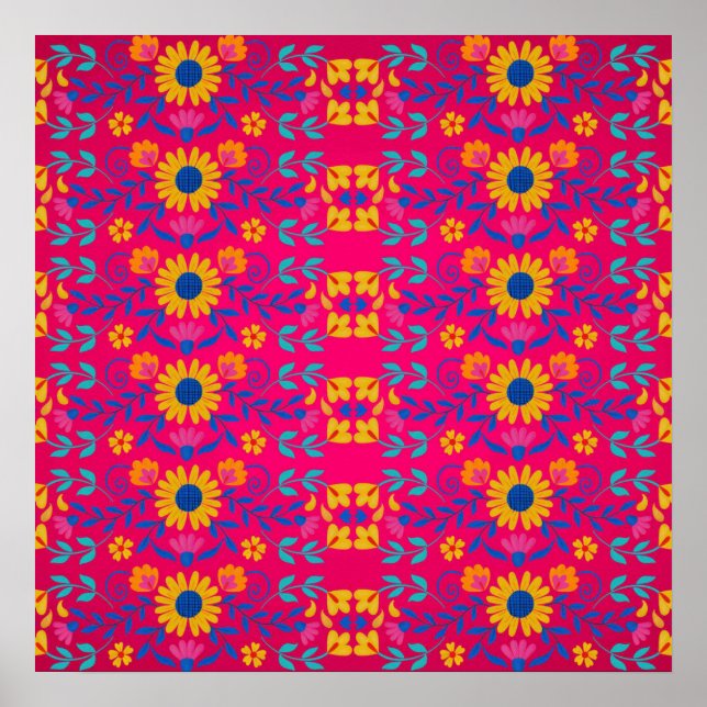 Rosa Colorful Mexican FolArt blommönster Poster (Framsidan)
