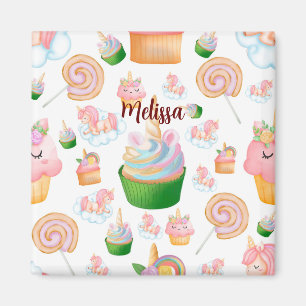 Rosa Colorful Namn Personlig Cupkaka Unicorn Magnet