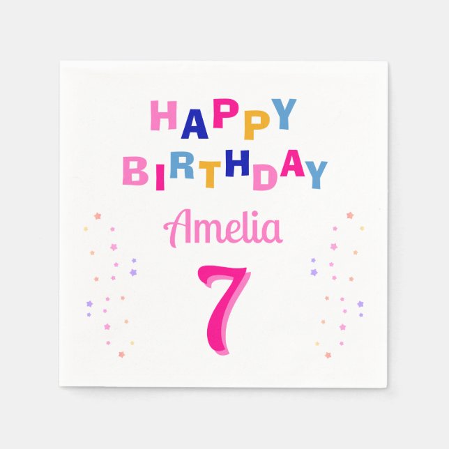 Rosa Colorful Stars Girl Grattis på födelsedagen P Pappersservett (Framsidan)