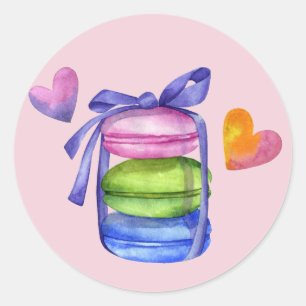 Rosa Colorful Watercolor Macaron Pastry Fransk Runt Klistermärke