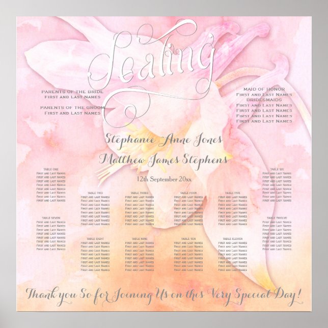 ROSA COLUMBINE FLOWER WATERCOLOR STÄNK BRÖLLOP POSTER (Framsidan)