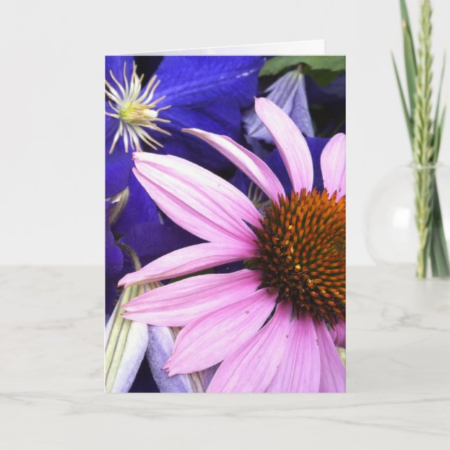 Rosa Cone Flower & Lila Clematis Greeting Card Kort (Framsida)