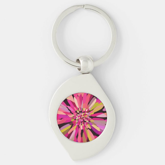 Rosa Confetti Flower Swirl Silverfärgad Nyckelring (Framsidan)