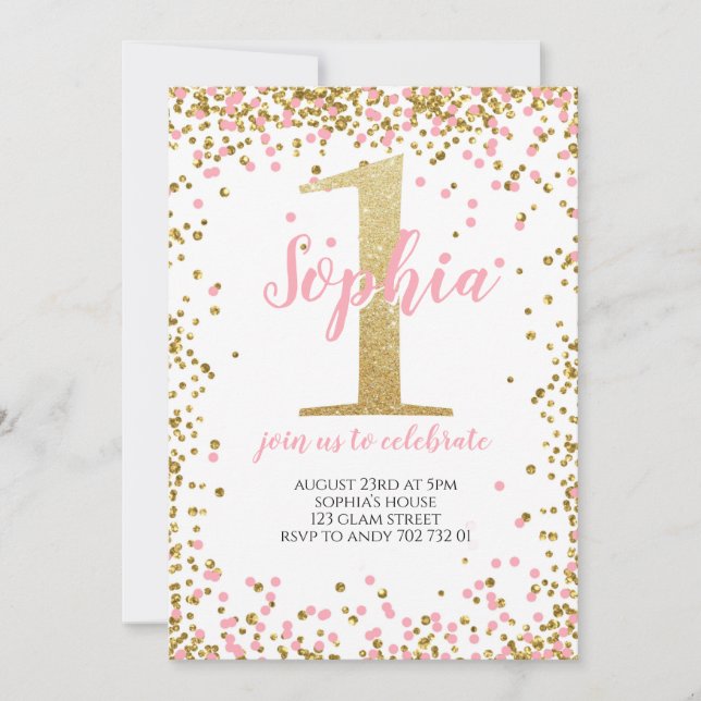  Rosa Confetti Girl First Birthday Guld Inbjudningar (Framsida)