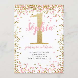  Rosa Confetti Girl First Birthday Guld Inbjudningar