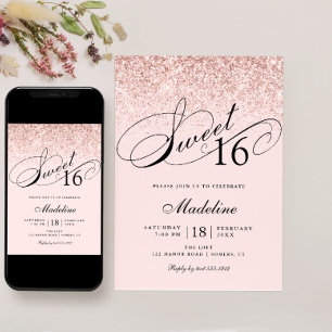 Rosa Confetti Glitter, Söt 16 födelsedagar Inbjudningar