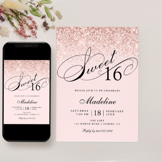  Rosa Confetti Glitter, Söt 16 födelsedagar Inbjudningar (Skapare uppladdad)