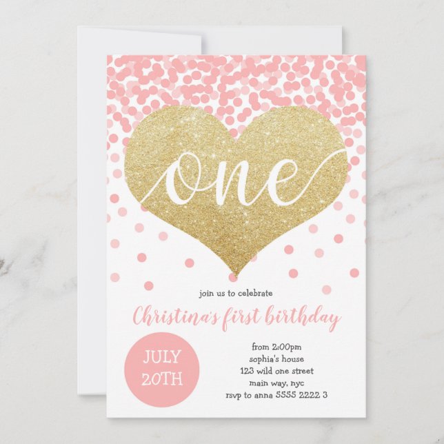 Rosa Confetti Guld Heart ONE Girl First Birday Inbjudningar (Framsida)