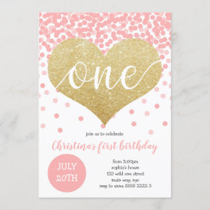 Rosa Confetti Guld Heart ONE Girl First Birday Inbjudningar