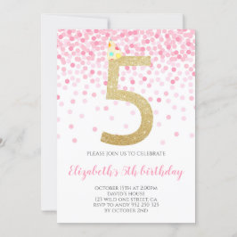 Rosa Confetti Party Guld Number Flicka 5:e födelse Inbjudningar