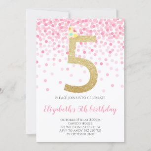 Rosa Confetti Party Guld Number Flicka 5:e födelse Inbjudningar