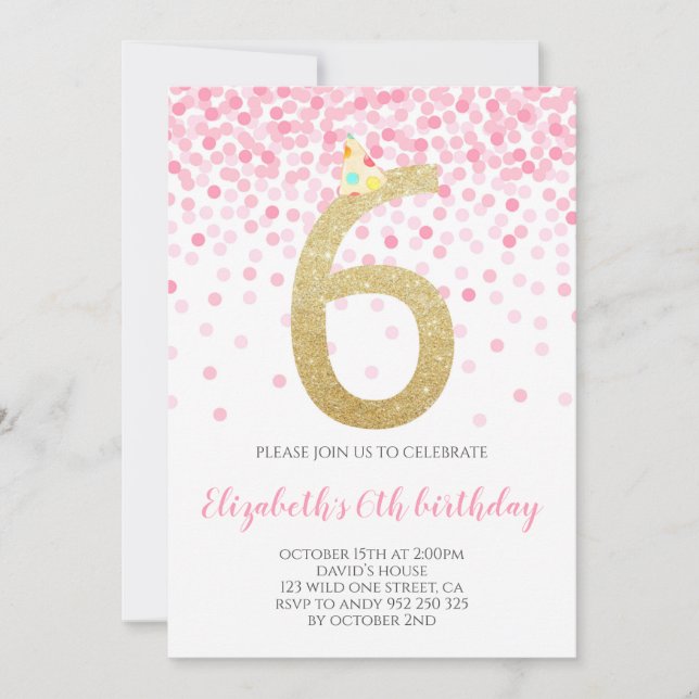 Rosa Confetti Party Guld Number Girl 6e Birgday Inbjudningar (Framsida)