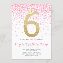 Rosa Confetti Party Guld Number Girl 6e Birgday Inbjudningar