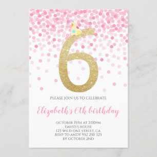 Rosa Confetti Party Guld Number Girl 6e Birgday Inbjudningar