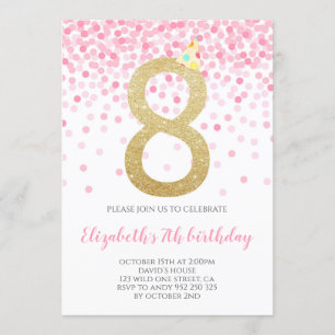 Rosa Confetti Party Guld Number Girl 8th Birday Inbjudningar
