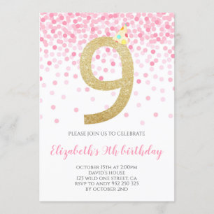 Rosa Confetti Party Guld Number Girl Nith Birday Inbjudningar