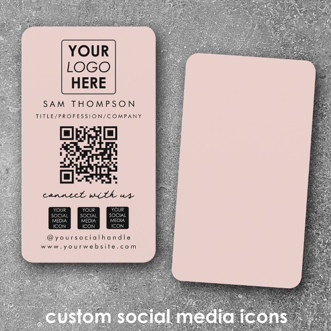 Rosa Connect with US Social Media QR-kodLogotyp Visitkort (Pink Connect with Us Social Media QR Code Logo Business Card)