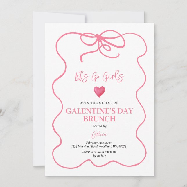 Rosa Conquette Handdragen Girl's Galentine Brunch Inbjudningar (Framsida)