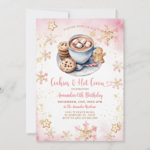 Rosa Cookies and Hett Cocoa Snowflake 6e Birthday Inbjudningar