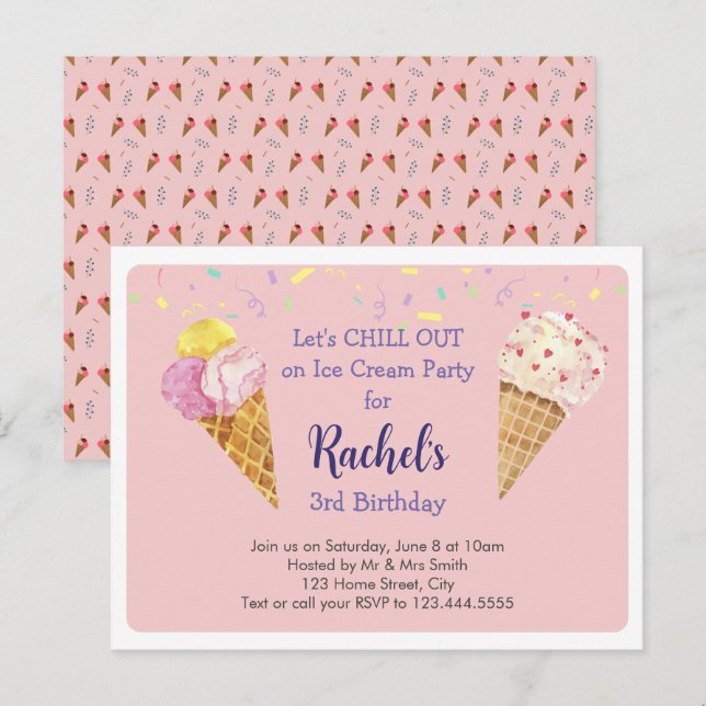 Rosa Coola Ice Cream Barns födelsedag Party Inbjudan Vykort (Fram/baksida)
