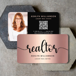 Rosa Copper Black Realtor Photo QR Code Broker Visitkort