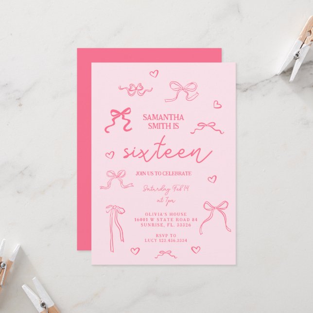 Rosa Coquette 16:e Födelsedagsfesten Inbjudningar (Fram/Back In Situ)