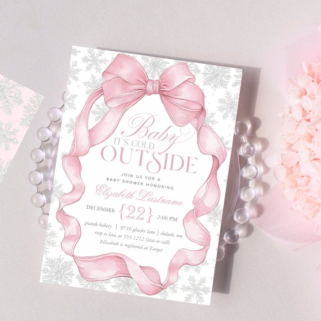Rosa Coquette Baby Det är Kall utanför babyskabink Inbjudningar (Celebrate in style with our Pink Coquette “Baby It’s Cold Outside” Baby Shower Invitation. )