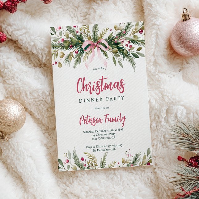 Rosa Coquette-båge Grandmillennial julkrans Inbjudningar (Pink Coquette Bow Grandmillennial Christmas Wreath Invitation)