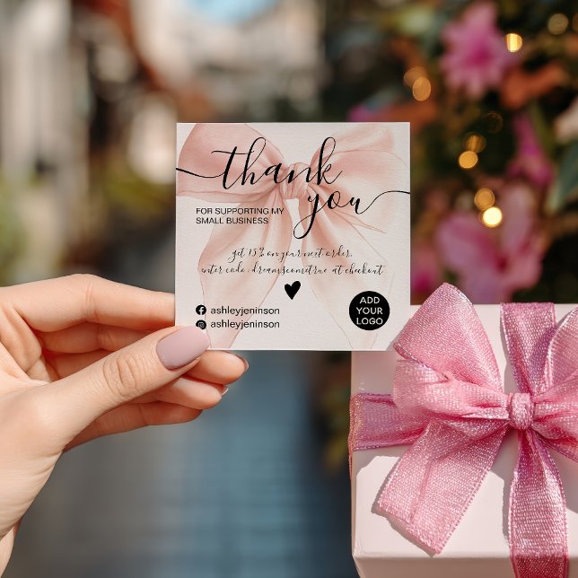 Rosa coquette båge vattenfärgsordning tack fyrkantigt visitkort (Pink coquette bow watercolor order thank you square business card)