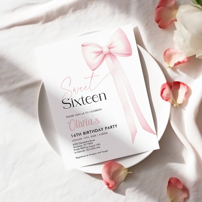 Rosa Coquette Bow 16:e födelsedagsinbjudan Inbjudningar (Skapare uppladdad)