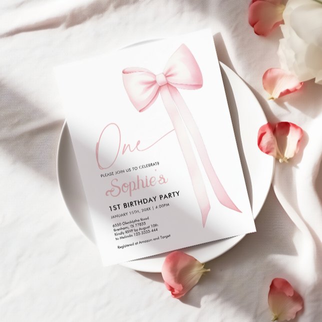 Rosa Coquette Bow 1:a födelsedagsinbjudan Inbjudningar (Skapare uppladdad)