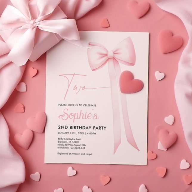 Rosa Coquette Bow 2:a födelsedagsinbjudan Inbjudningar (Skapare uppladdad)