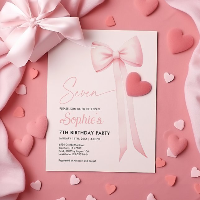 Rosa Coquette Bow 7:e Birthday-inbjudan Inbjudningar (Skapare uppladdad)