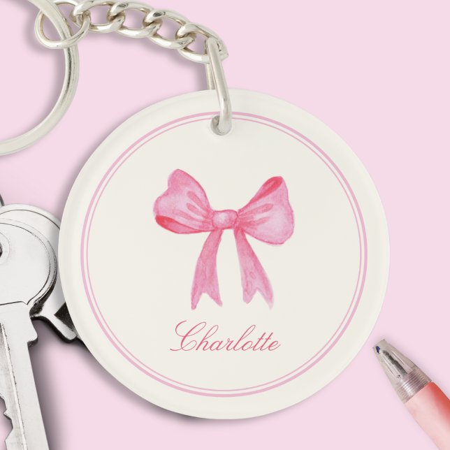 Rosa Coquette Bow Acrylic Keychain (sweet cute pretty girly pink coquette bow keychain with custom name in calligraphy script)