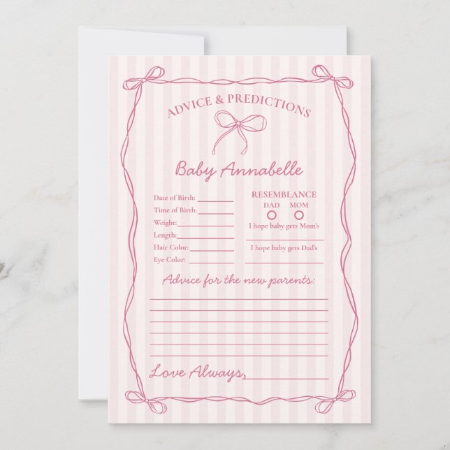 Rosa Coquette Bow Advice for Baby Shower Card Inbjudningar (Framsida)