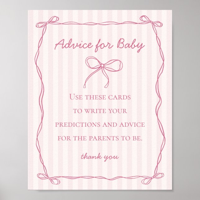 Rosa Coquette Bow Advice for Baby Shower Game Poster (Framsidan)