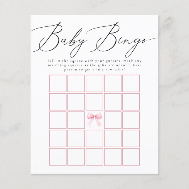 Rosa Coquette Bow Baby Bingo Shower Game (Framsida)