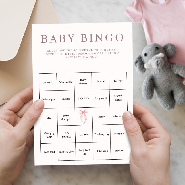 Rosa Coquette Bow Baby Shower Bingo (Pink Coquette Bow Baby Shower Bingo Card)