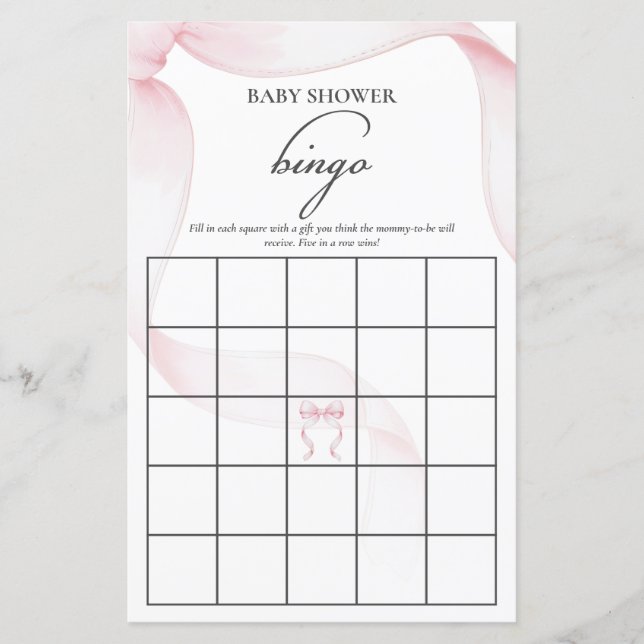 Rosa Coquette Bow Baby Shower Bingo Game (Framsida)