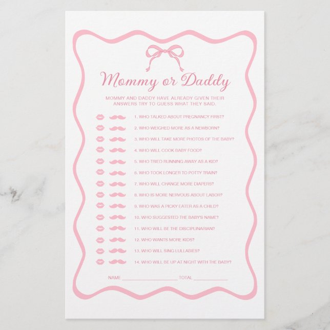 Rosa Coquette Bow Baby Shower Gissa Vem Spel  (Framsida)