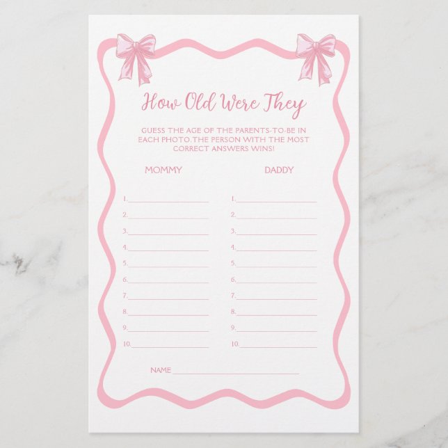 Rosa Coquette Bow Baby Shower gissar åldersmatchen (Framsida)