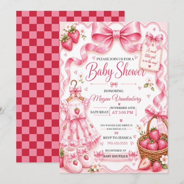 Rosa Coquette Bow Baby Shower Inbjudan  (Fram/baksida)