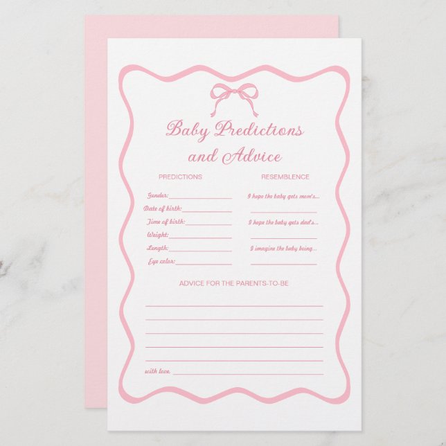 Rosa Coquette Bow Baby Shower Prediktions-spel (Fram/baksida)