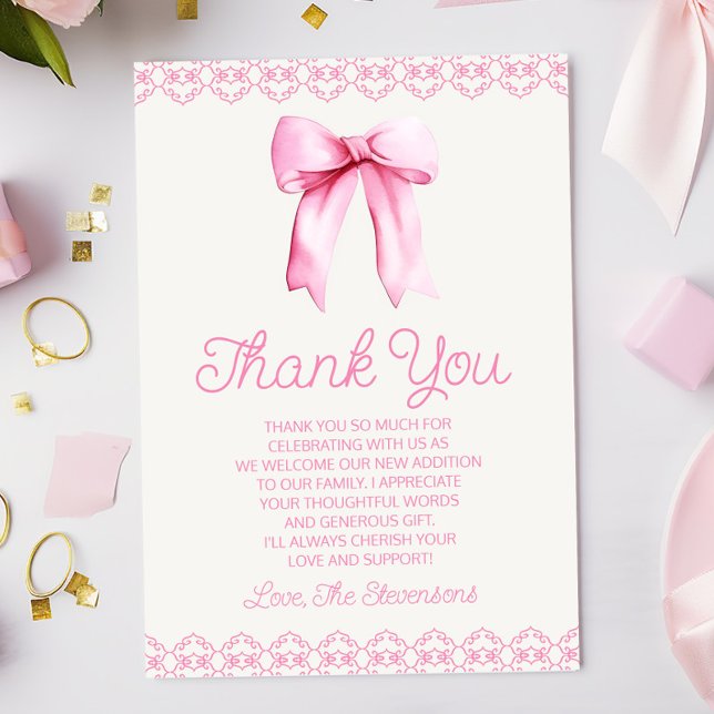 Rosa Coquette Bow Baby Shower Tack Kort (Skapare uppladdad)