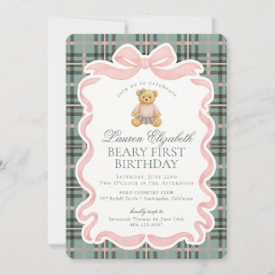 Rosa Coquette Bow Bear Beary Första Födelsedag Inbjudningar