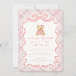 Rosa Coquette Bow Bear Beary Första Födelsedag Inbjudningar