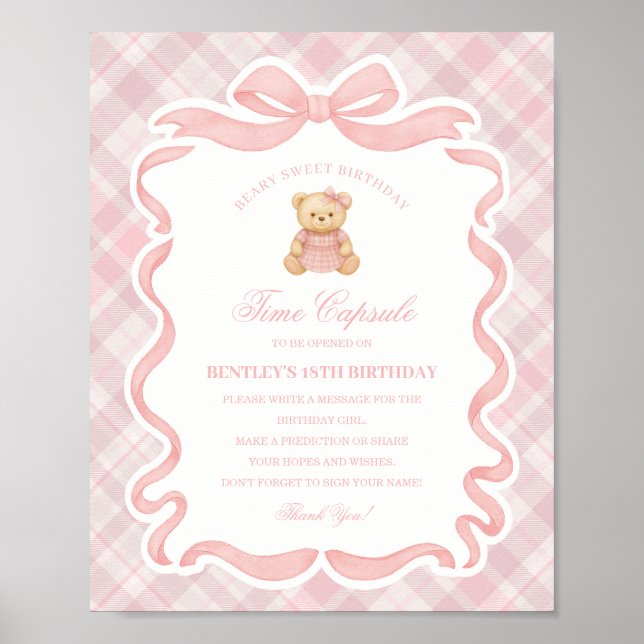 Rosa Coquette Bow Bear Födelsedag Tidskapsel Poster (Framsidan)