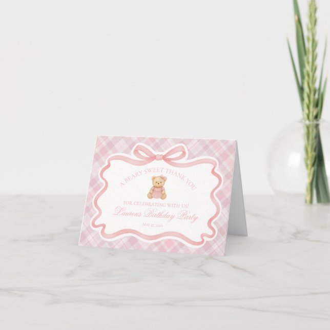 Rosa Coquette Bow Bear Födelsedags Kort för Tack  (Framsida)